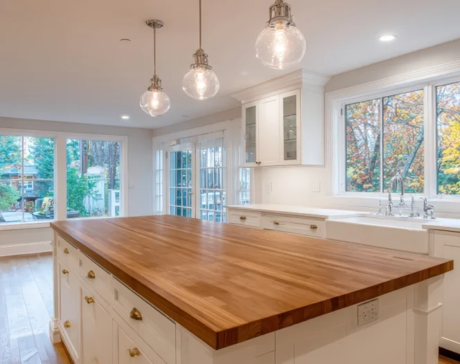bright modern kitchen with island and large windows offering scenic outdoor views in a home