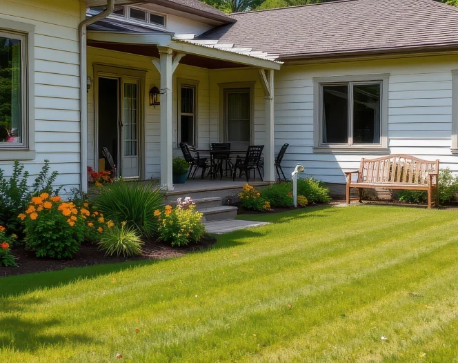 rustic backyard lawn with scattered benches and colorful flowers beside a contemporary vacation house.