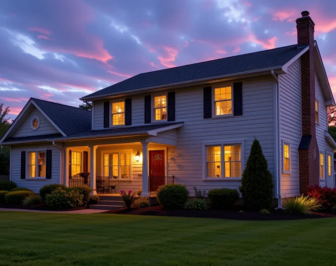 a serene two story home at evening bright glowing windows manicured lawn ornamental shrubs peaceful calm free photo